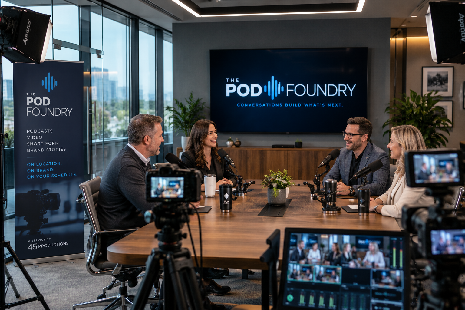 Professional podcast production set up in a corporate boardroom