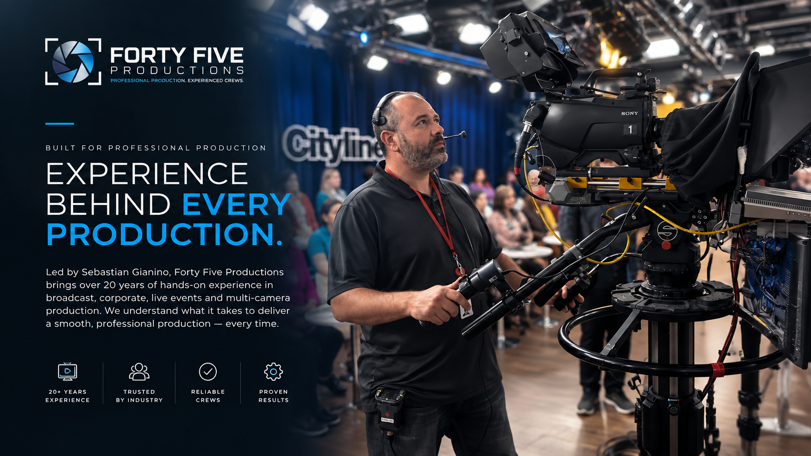 Sebastian operating a large professional studio camera during a live production