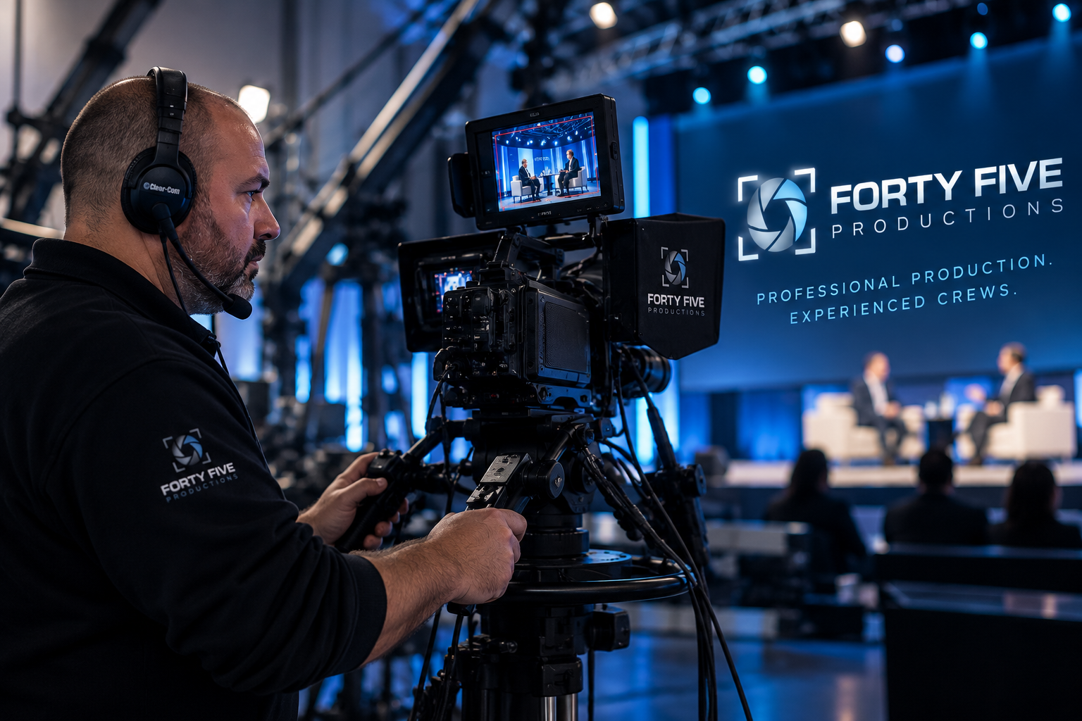Camera operator recording a panel discussion at a corporate event