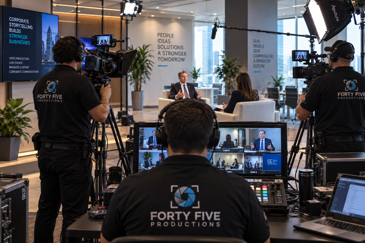 Multi-camera crew recording a corporate executive interview