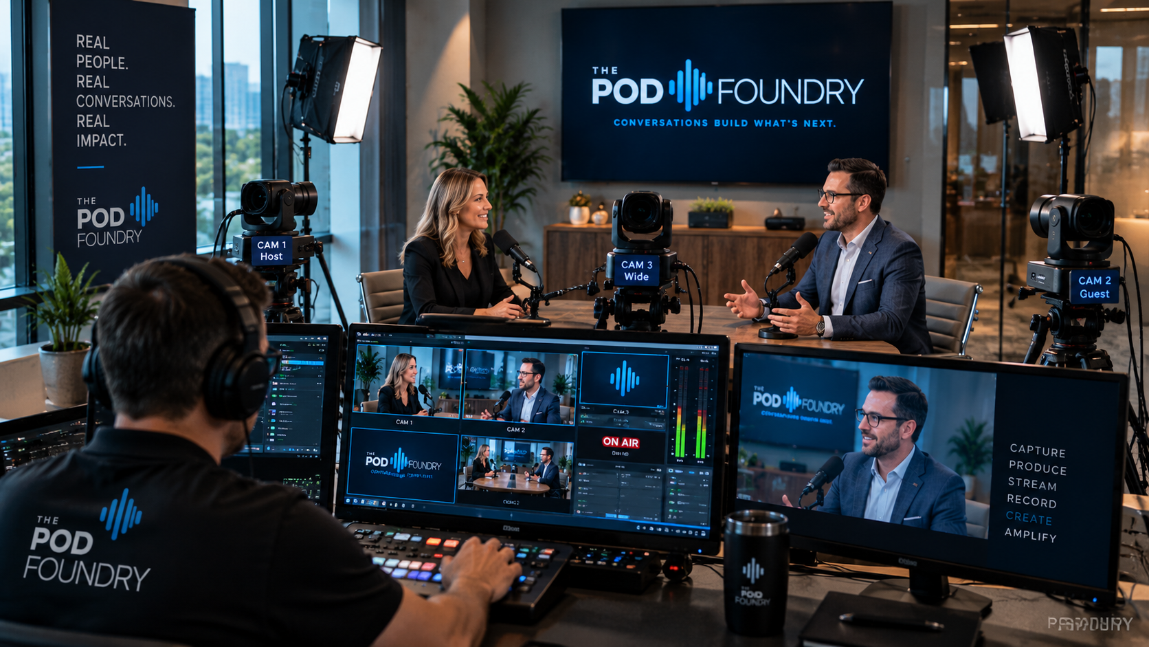 Production operator switching a multi-camera Pod Foundry podcast session