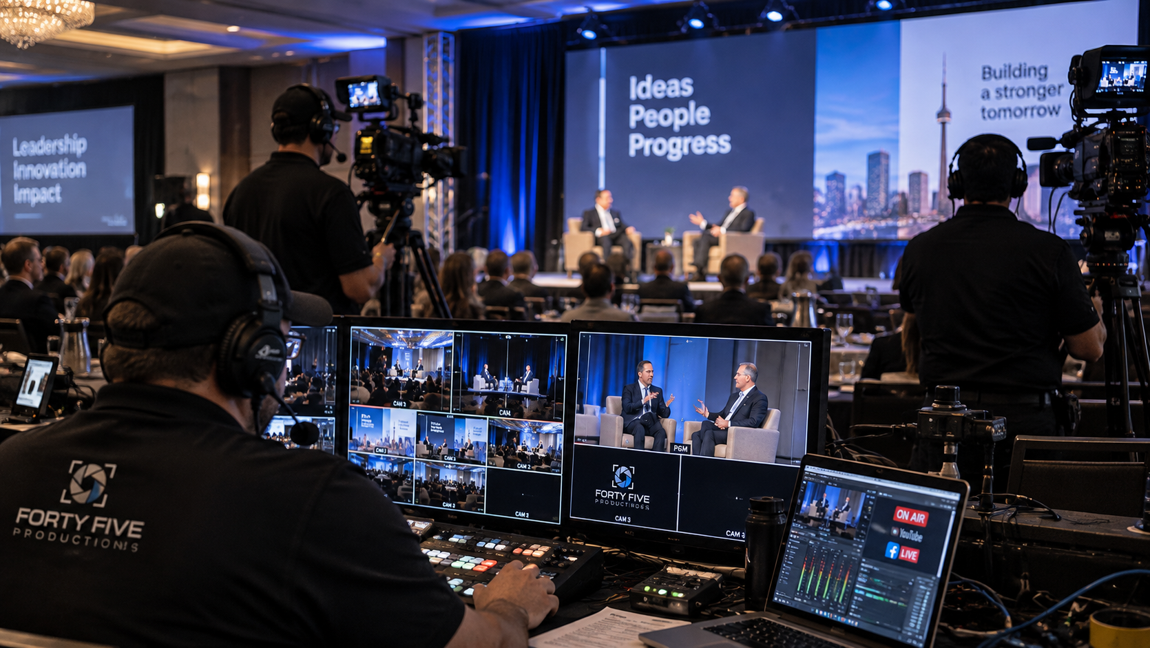 Live production control position with multiple camera feeds and switching equipment